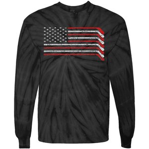 Us Flag Hockey Stick Patriotic American Hockey Player Hockey Tie-Dye Long Sleeve Shirt