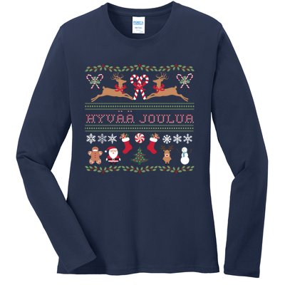 Ugly Finnish Hyvaa Joulua Merry Christmas Novelty Apparel Ladies Long Sleeve Shirt