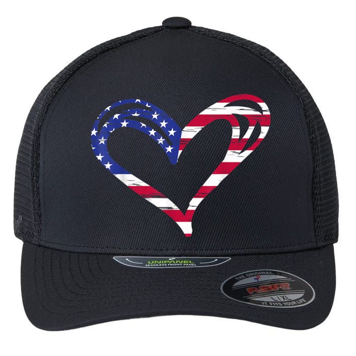 USA Flag Heart American Patriotic Armed Forces Memorial Day Flexfit Unipanel Trucker Cap