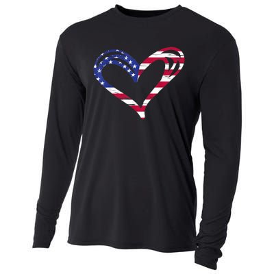 USA Flag Heart American Patriotic Armed Forces Memorial Day Cooling Performance Long Sleeve Crew