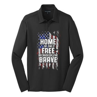 US Flag Home Of The Free Because Of The Brave Silk Touch Performance Long Sleeve Polo