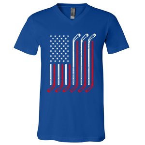 Usa Flag Hockey Sticks Sport Hockey Player Goalie Ice Hockey Gift V-Neck T-Shirt