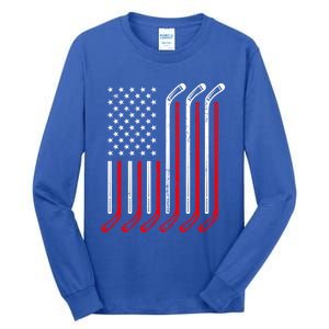 Usa Flag Hockey Sticks Sport Hockey Player Goalie Ice Hockey Gift Tall Long Sleeve T-Shirt