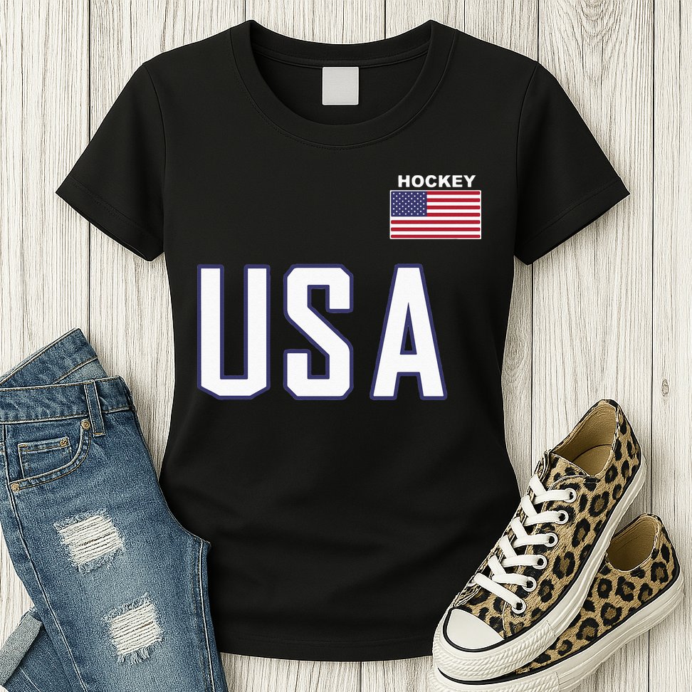 USA Flag Hockey Hoodie Cool Pocket Equipment Womens T-Shirt