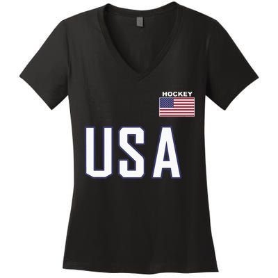 USA Flag Hockey Hoodie Cool Pocket Equipment Women's V-Neck T-Shirt