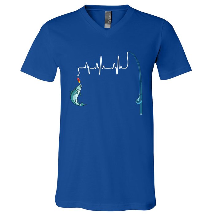 Unique Fishing Heartbeat Clothing Gift Fathers Day Fishing Gift V-Neck T-Shirt