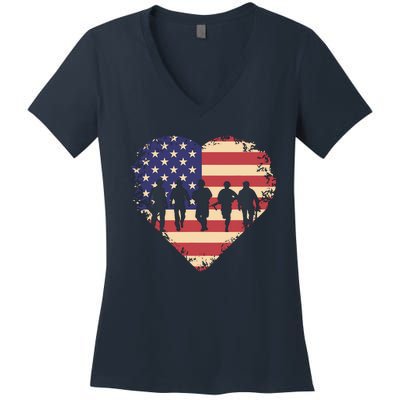 Usa Flag Heart American Patriotic Armed Forces Memorial Day Women's V-Neck T-Shirt