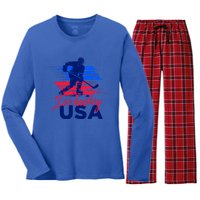 Usa Flag Ice Hockey Usa Support Cute Gift Women's Long Sleeve Flannel Pajama Set 