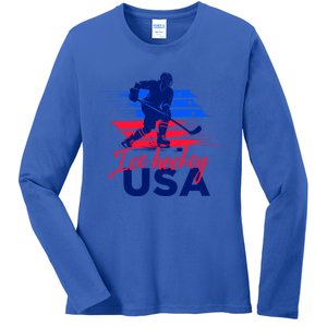 Usa Flag Ice Hockey Usa Support Cute Gift Ladies Long Sleeve Shirt