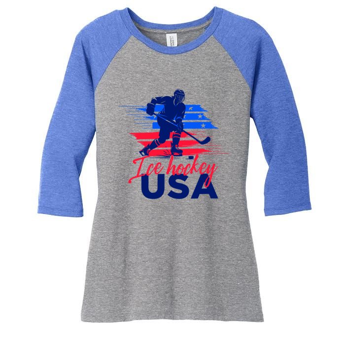 Usa Flag Ice Hockey Usa Support Cute Gift Women's Tri-Blend 3/4-Sleeve Raglan Shirt