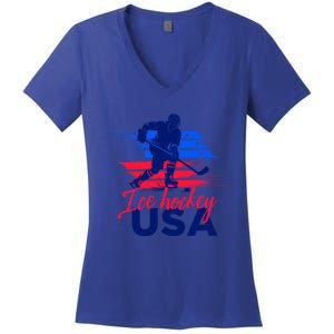 Usa Flag Ice Hockey Usa Support Cute Gift Women's V-Neck T-Shirt