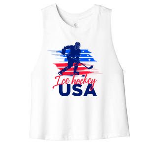 Usa Flag Ice Hockey Usa Support Cute Gift Women's Racerback Cropped Tank