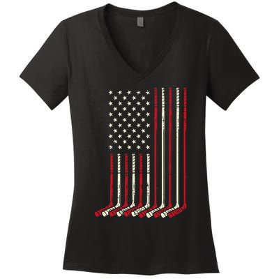 Us Flag Ice Hockey Vintage Patriotic Player Women's V-Neck T-Shirt