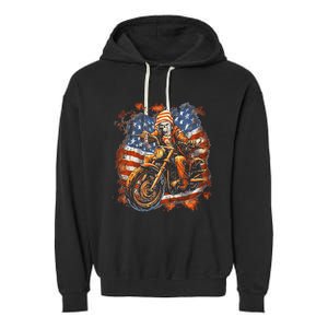 Us Flag Motorcycle Skeleton Biker Garment-Dyed Fleece Hoodie