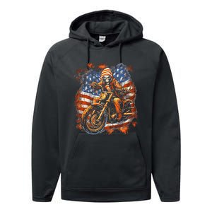 Us Flag Motorcycle Skeleton Biker Performance Fleece Hoodie