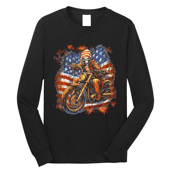 Us Flag Motorcycle Skeleton Biker Long Sleeve Shirt