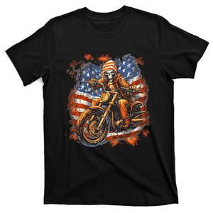 Us Flag Motorcycle Skeleton Biker T-Shirt