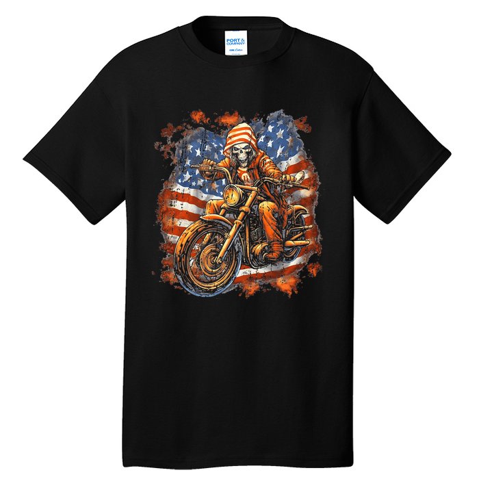 Us Flag Motorcycle Skeleton Biker Tall T-Shirt