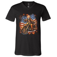 Us Flag Motorcycle Skeleton Biker V-Neck T-Shirt