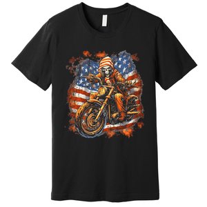 Us Flag Motorcycle Skeleton Biker Premium T-Shirt