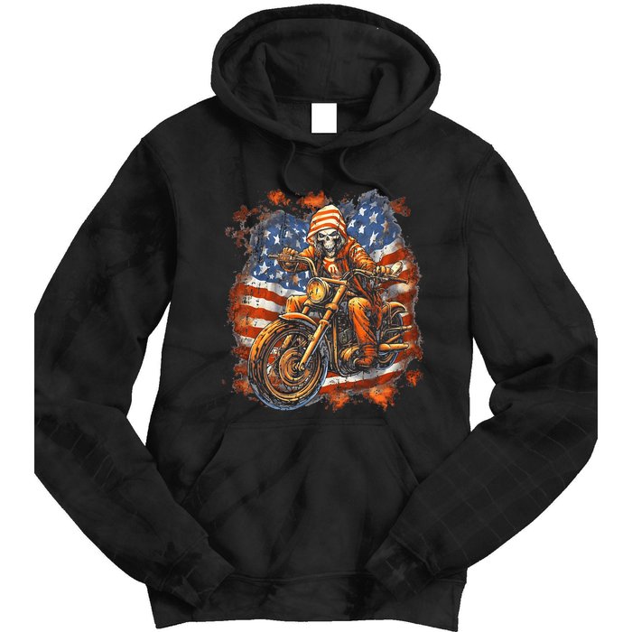 Us Flag Motorcycle Skeleton Biker Tie Dye Hoodie