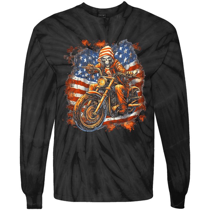 Us Flag Motorcycle Skeleton Biker Tie-Dye Long Sleeve Shirt