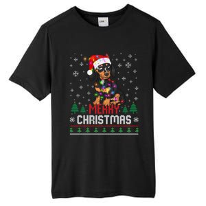 Ugly Funny Merry Christmas Dachshund Dog Santa Hat Lights Great Gift Tall Fusion ChromaSoft Performance T-Shirt