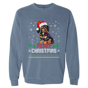 Ugly Funny Merry Christmas Dachshund Dog Santa Hat Lights Great Gift Garment-Dyed Sweatshirt