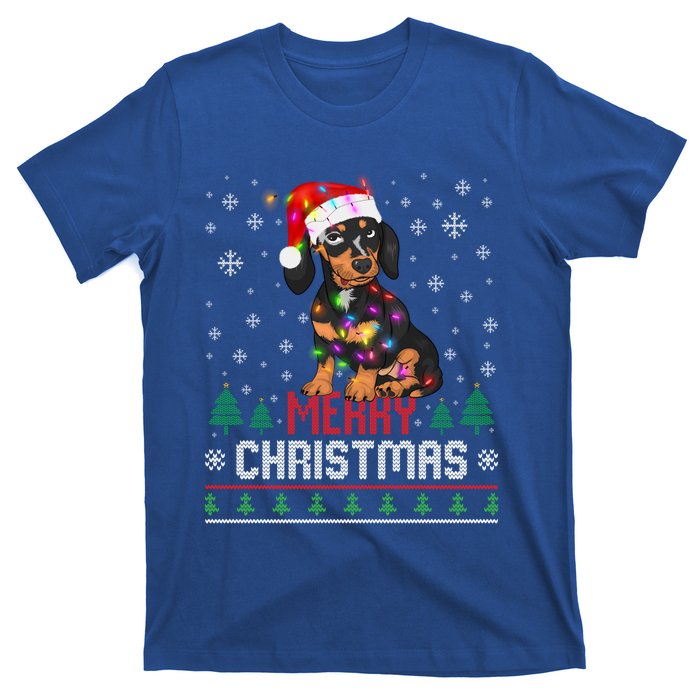 Ugly Funny Merry Christmas Dachshund Dog Santa Hat Lights Great Gift T-Shirt