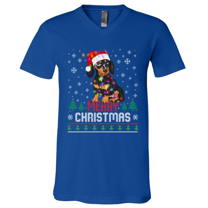 Ugly Funny Merry Christmas Dachshund Dog Santa Hat Lights Great Gift V-Neck T-Shirt