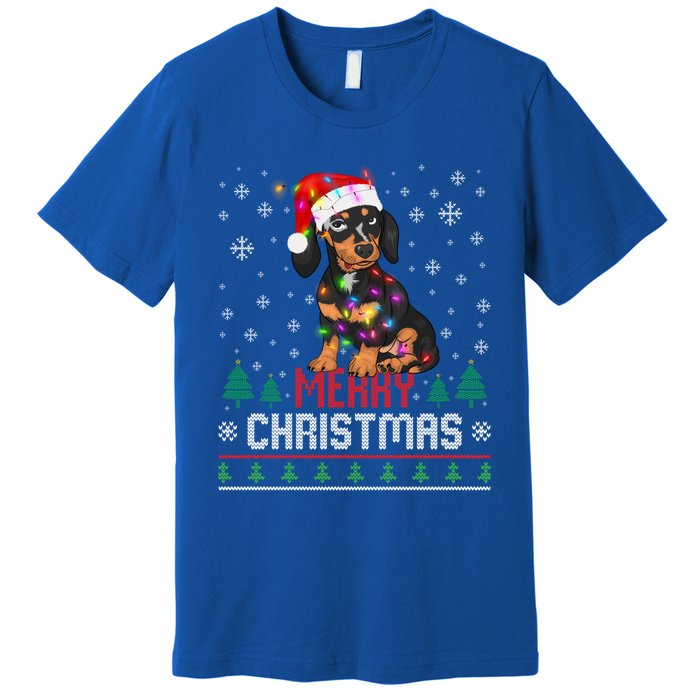 Ugly Funny Merry Christmas Dachshund Dog Santa Hat Lights Great Gift Premium T-Shirt