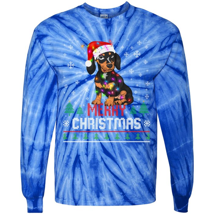 Ugly Funny Merry Christmas Dachshund Dog Santa Hat Lights Great Gift Tie-Dye Long Sleeve Shirt