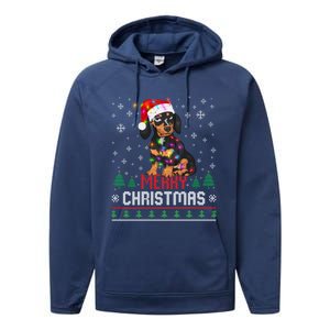 Ugly Funny Merry Christmas Dachshund Dog Santa Hat Lights Great Gift Performance Fleece Hoodie