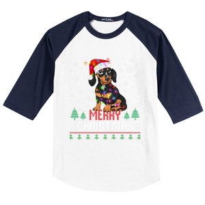 Ugly Funny Merry Christmas Dachshund Dog Santa Hat Lights Great Gift Baseball Sleeve Shirt