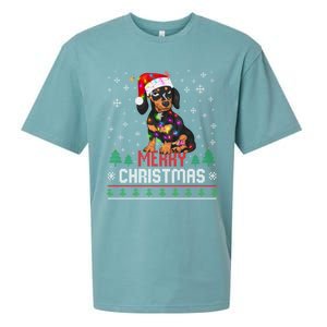 Ugly Funny Merry Christmas Dachshund Dog Santa Hat Lights Great Gift Sueded Cloud Jersey T-Shirt