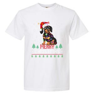 Ugly Funny Merry Christmas Dachshund Dog Santa Hat Lights Great Gift Garment-Dyed Heavyweight T-Shirt