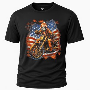 US Flag Motorcycle Skeleton Biker 4th July American Cooling Performance Crew T-Shirt