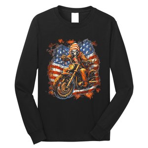 US Flag Motorcycle Skeleton Biker 4th July American Long Sleeve Shirt