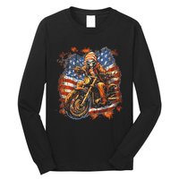 US Flag Motorcycle Skeleton Biker 4th July American Long Sleeve Shirt