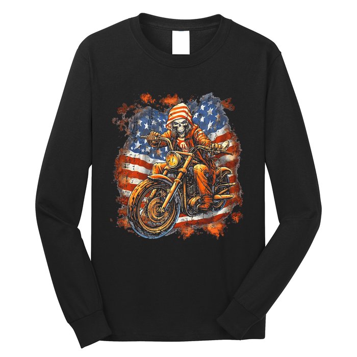 US Flag Motorcycle Skeleton Biker 4th July American Long Sleeve Shirt