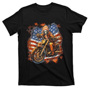 US Flag Motorcycle Skeleton Biker 4th July American T-Shirt