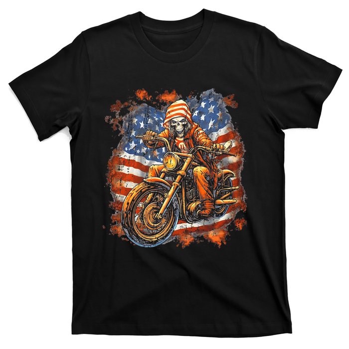 US Flag Motorcycle Skeleton Biker 4th July American T-Shirt