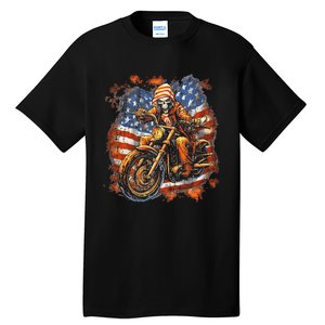 US Flag Motorcycle Skeleton Biker 4th July American Tall T-Shirt