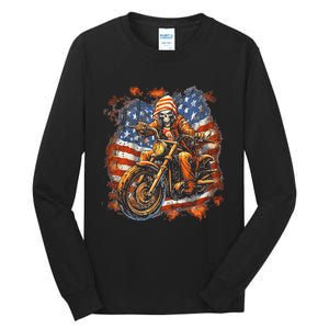 US Flag Motorcycle Skeleton Biker 4th July American Tall Long Sleeve T-Shirt