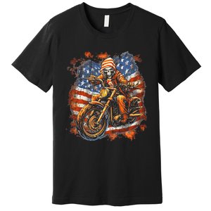 US Flag Motorcycle Skeleton Biker 4th July American Premium T-Shirt