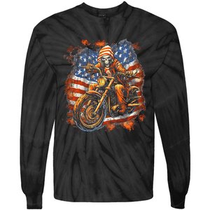 US Flag Motorcycle Skeleton Biker 4th July American Tie-Dye Long Sleeve Shirt