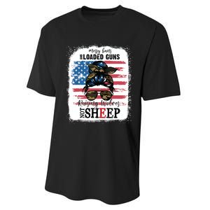 US Flag Messy Buns And Loaded Guns Raising Wolves Not Sheep Performance Sprint T-Shirt