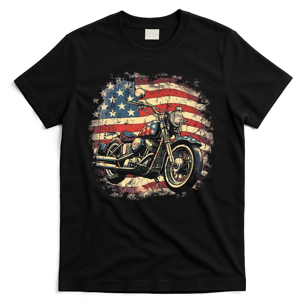 US Flag Motorcycle USA Retro Biker T-Shirt