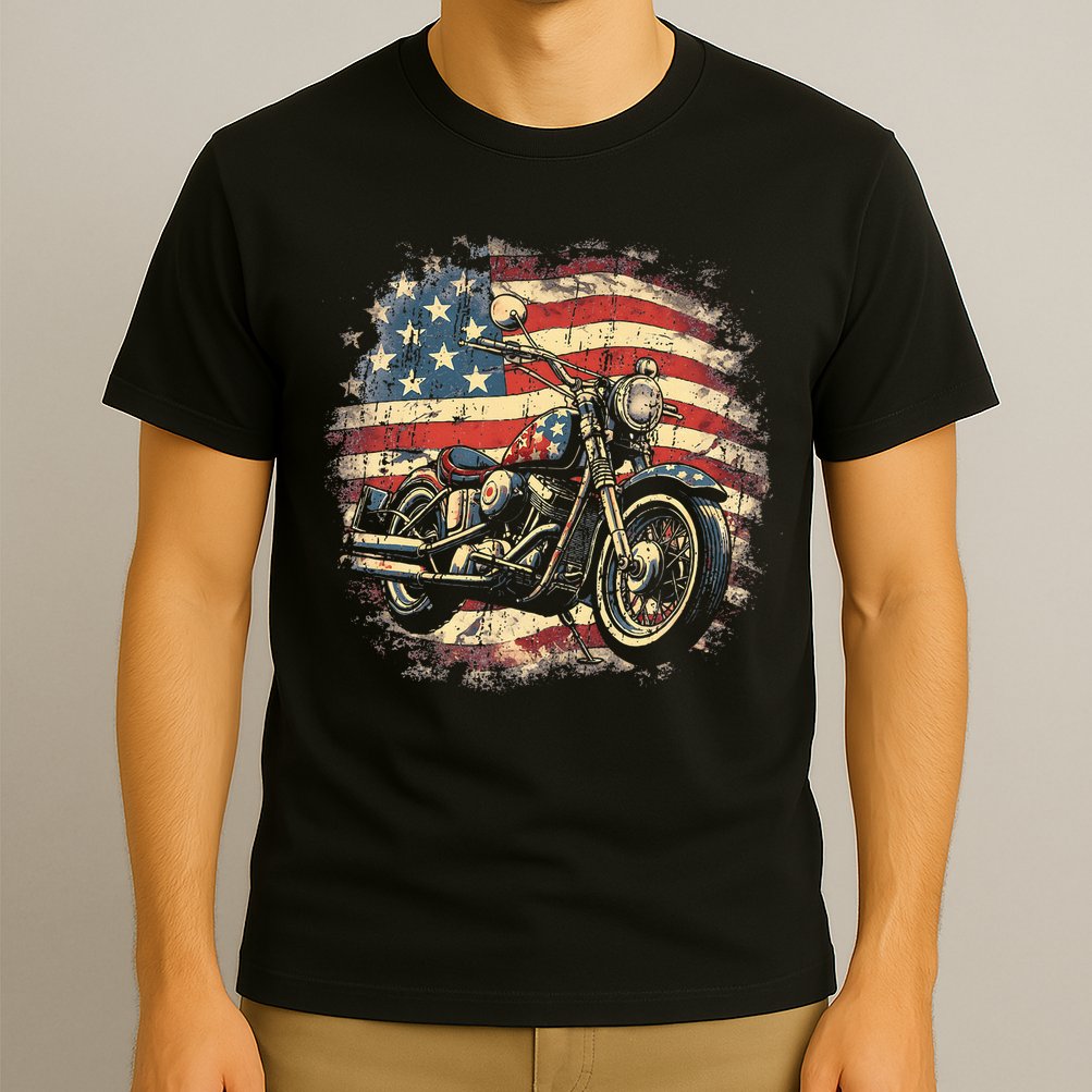 US Flag Motorcycle USA Retro Biker T-Shirt