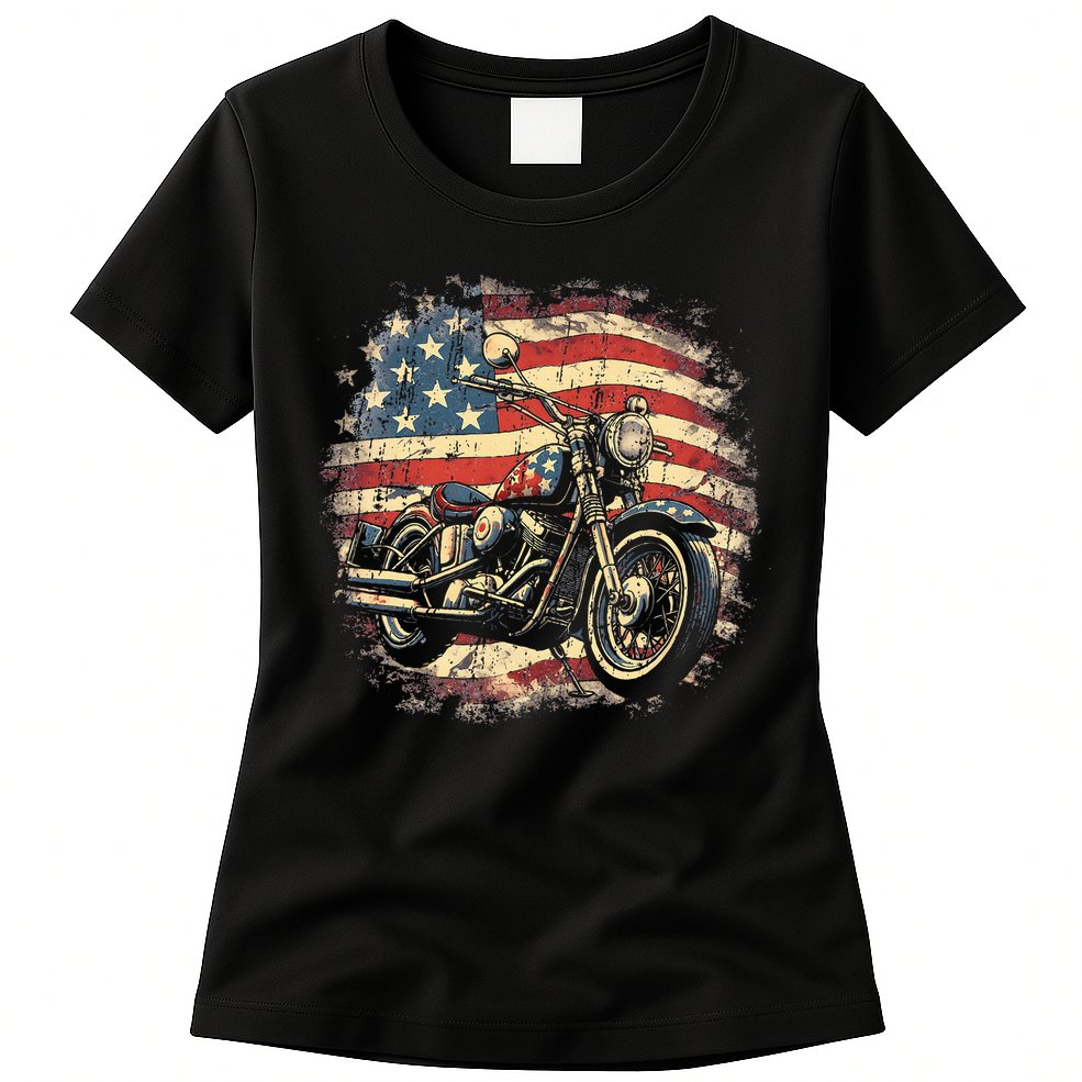 US Flag Motorcycle USA Retro Biker Womens T-Shirt